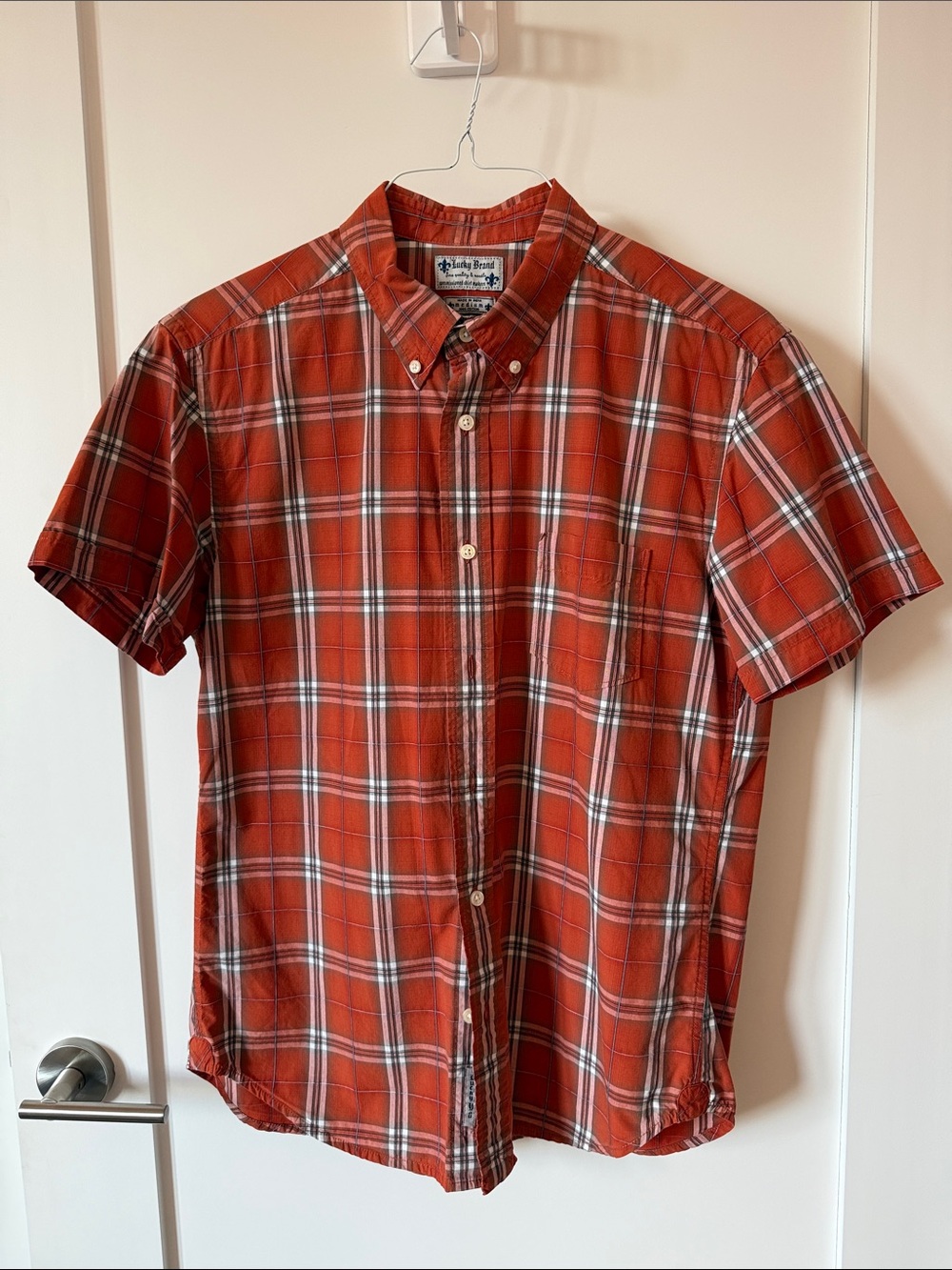 Lucky Brand Short-Sleeve Button-Down Plaid Shirt - Orange & White